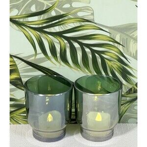 Iridescent Green Glass Votive Candle Holder Set of 2 Round Reflective Ombre